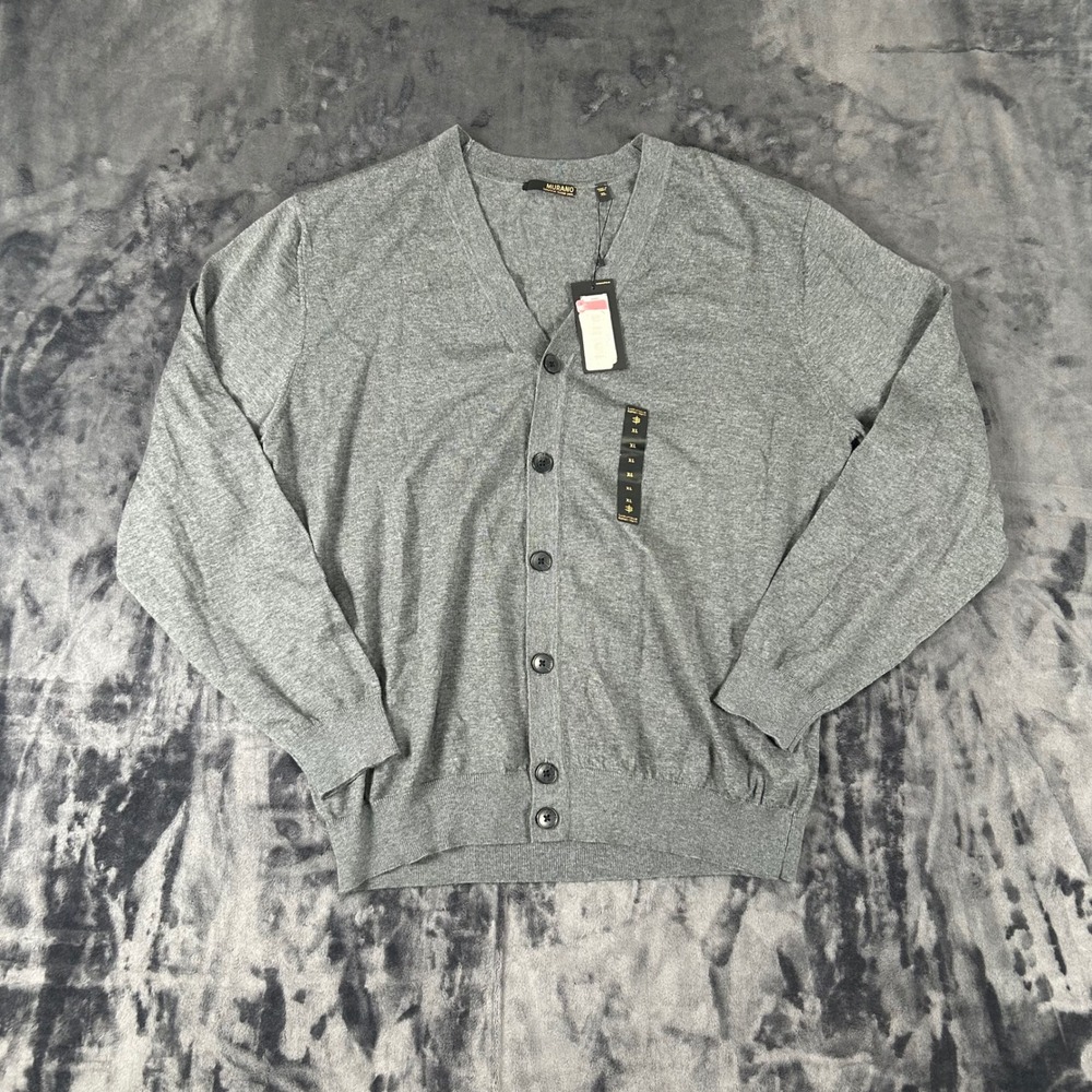Murano Cardigan Sweater Mens XL Gray 100% Merino Wool V-Neck Button Front